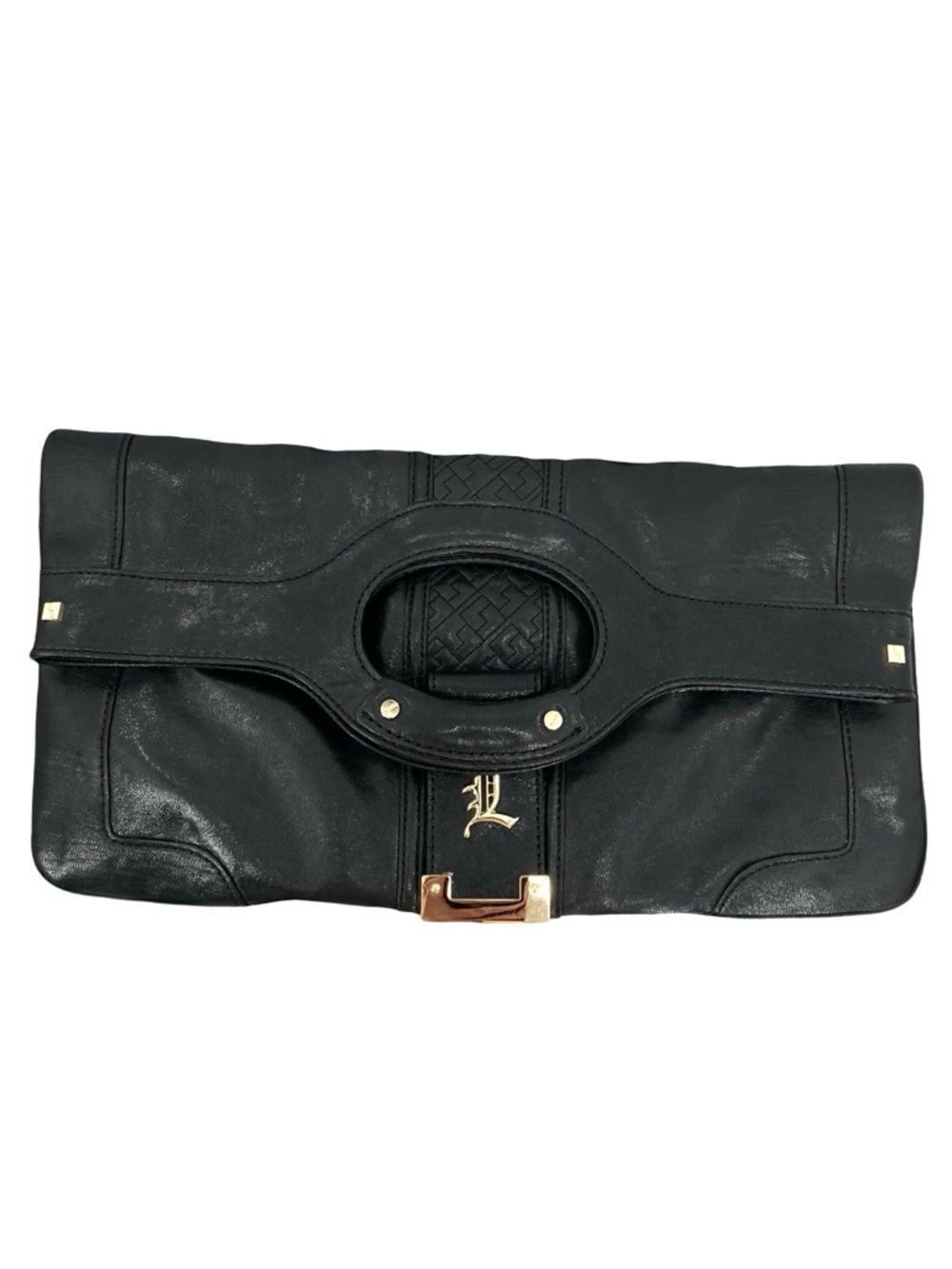 Gwen Stefani L.A.M.B Vintage Black Leather Convertible Clutch To Tote Handbag